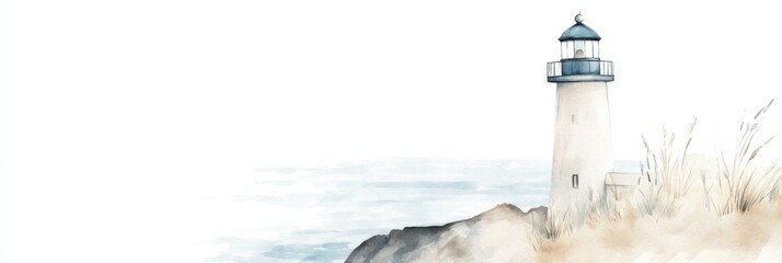 Whimsical lighthouse on coastal cliff with ocean view for spring-themed designs