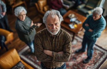 Fototapeta premium An elderly man stands with arms crossed, displaying a serious expression. Around him, other seniors engage in an animated discussion in a warm, cozy living room filled with comfortable furniture.