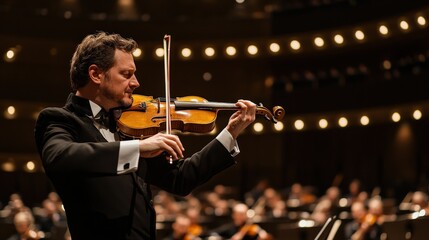 Fototapeta premium Violinist performing at elegant concert hall musical performance indoor dynamic viewpoint captivating artistry for music lovers