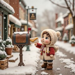 Nostalgic Winter Doll Mailing Letter in Snowy Village Setting