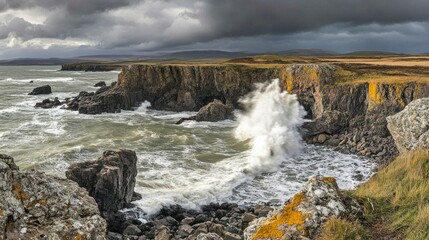 Fototapeta premium Dramatic Coastal Scene With Waves Crashing Against Rugged Cliffs