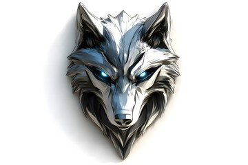 A stylized silver wolf head with glowing blue eyes, showcasing a modern design.