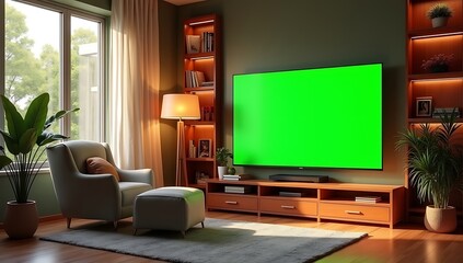 Cozy Living Room with Green Screen TV, Warm Lighting, and Natural Ambiance  