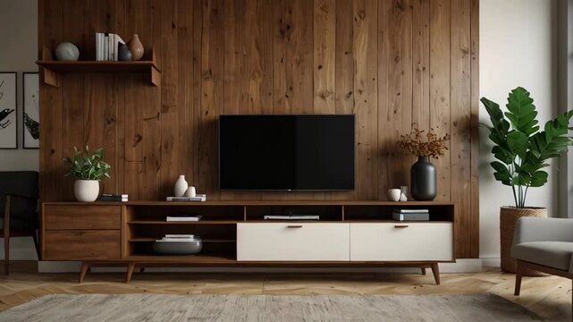 Modern Living Room with Wood Wall and TV Stand 