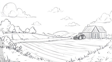 Obraz premium Tractor Barn Farm Field Rural Landscape Drawing