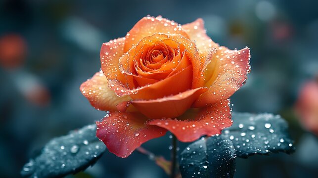 A close-up of a delicate peach-colored rose with water droplets glistening on its petals