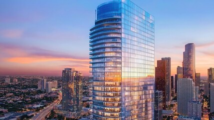 Obraz premium Modern skyscraper at sunset in an urban landscape.