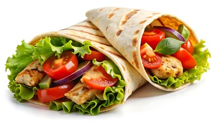The image showcases a healthy fast food meal featuring a chicken wrap, grilled tortilla, fresh lettuce, and tomatoes, with vibrant colors and crisp details.