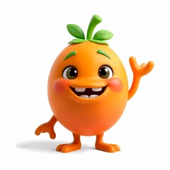 Fototapeta premium Cheerful Orange Character: A 3D-rendered illustration of a cute, smiling orange character with big eyes and a friendly wave. Perfect for children's books, branding.