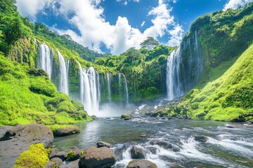 Fototapeta premium Waterfall view seen from inside the cave in Rantang traditional temple, take pictures of waterfalls and natural scenic beauty at tourist spot near Mount Bromo.8K image quality