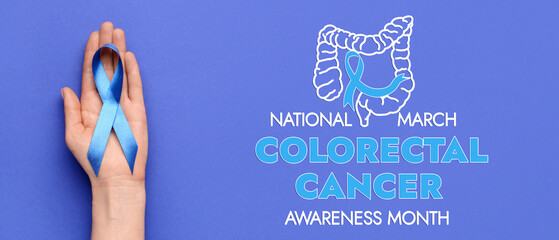 Female hand with blue awareness ribbon on color background, closeup. Prostate cancer concept