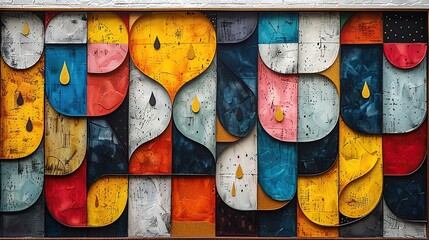 Obraz premium colorful and playful designs with raindrops, boho patterns, maze-like structures, bold shapes, flat rectangular shaped designs on a white background, gold trim around the edges