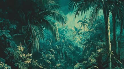 Lush Tropical Rainforest Painting Depicting Palm Trees