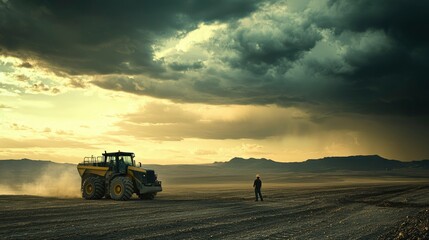 Fototapeta premium Tractor Operator Surveys a Vast Dry Landscape at Sunset