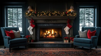 Cozy Christmas Fireplace Scene with Wingback Chairs and Festive Decor