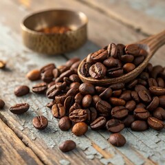 Fototapeta premium A pile of roasted coffee beans on a wooden surface.