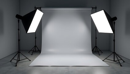 Professional Photography Studio with Gray Backdrop and Softbox Lights