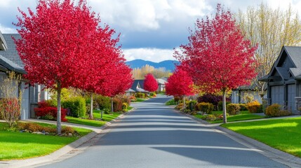 Naklejka premium Red Trees Line Residential Street Autumn Scene