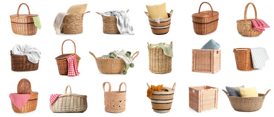 Set of different wicker baskets on white background