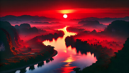 Fototapeta premium A breathtaking landscape featuring a vivid red sunset reflecting on a tranquil river.