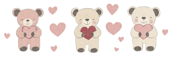 Fototapeta premium Adorable valentines teddy bears holding hearts for romantic holiday decoration