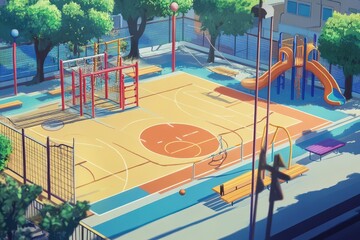 Sunny Day at the School Playground Basketball Court