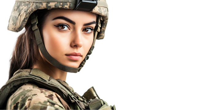 A soldier in uniform gazes confidently, showcasing strength and determination.