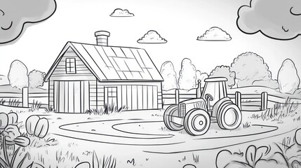 Farm Scene Featuring Tractor and Barn