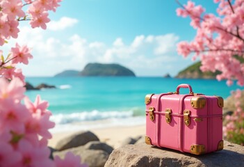 Pink Travel Suitcase on a Scenic Beach, Surrounded by Blooming Cherry Blossoms and Turquoise Ocean Waves, Symbolizing Relaxation and Wanderlust.