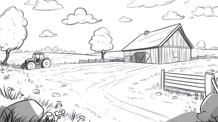 Obraz premium A Simple Cartoon Farm Scene With Tractor and Barn