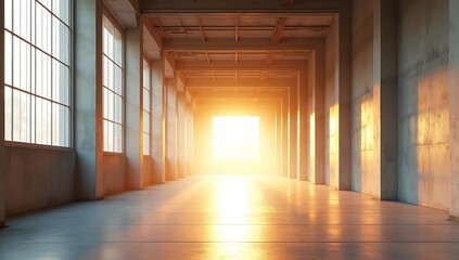 Obraz premium Sunlit Concrete Corridor with Large Windows and Modern Minimalist Design