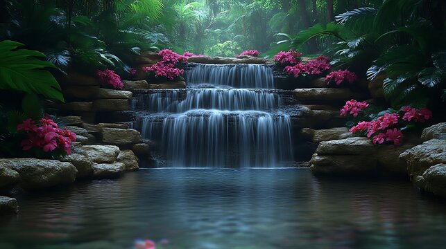 Serene waterfall in lush tropical garden. - Powered by Adobe