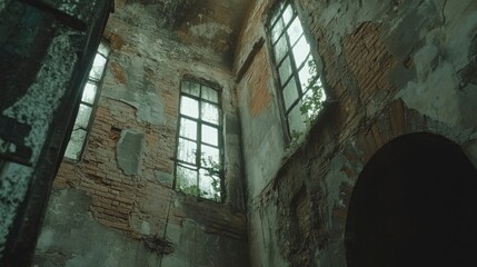 Ruined Building Interior With Windows And Plants
