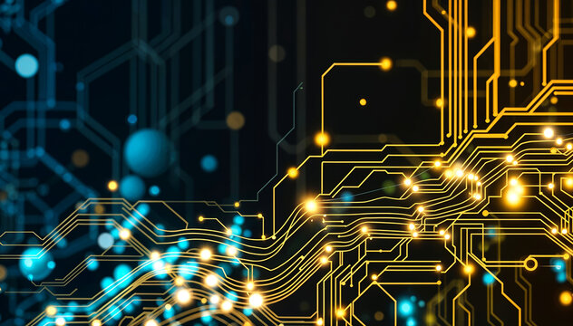 Abstract circuit board with glowing yellow and blue lines, shapes, and lights against a dark background , suggesting a futuristic or technological concept