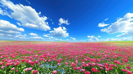Fototapeta premium Pink tulip field blooming under cloudy blue sky.