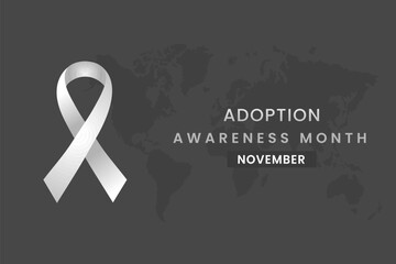 Adoption cancer awareness illustration on Black background with White color ribbon.