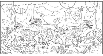 Naklejka premium Prehistoric jungle animals. Extinct dinosaurs coloring page. Detailed illustration. Colorful coloring book.