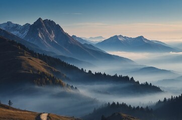 Serene mountain landscape with misty valleys at dawn
