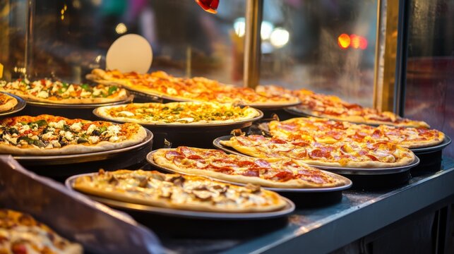 Modern Pizza Display with Warm Lighting Outdoors