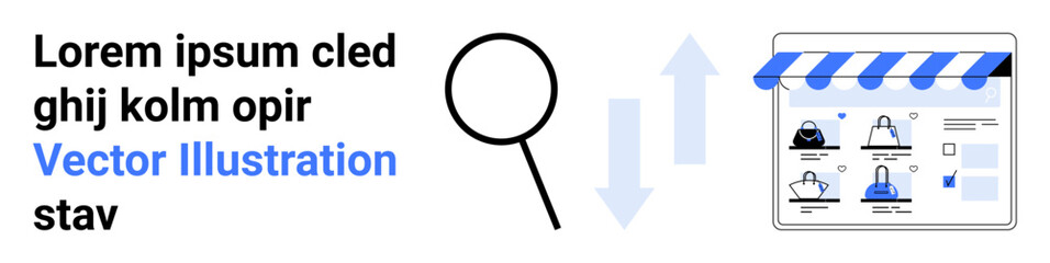 Magnifying glass beside text, webpage element with user avatars and icons under a blue-striped header. Ideal for SEO services, online marketing, e-commerce growth, digital strategy, website