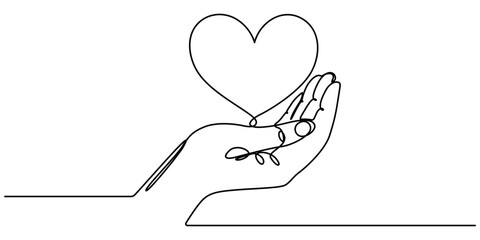 The hands holding a heart are outlined in a continuous one line drawing, One continuous line drawing of hands holding heart. Concept of love relationship and volunteer organisation symbol in simple. 