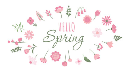 Hello Spring. Springtime holiday celebration. Lettering spring season with flowers for invitation, greeting card, banner, poster, template background. Retro, vintage vector illustration
