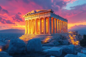 Obraz premium majestic acropolis of athens greece captured at sunset highlighting its ancient architecture against a colorful sky evoking a sense of history and grandeur