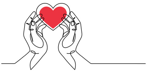The hands holding a heart are outlined in a continuous one line drawing, One continuous line drawing of hands holding heart. Concept of love relationship and volunteer organisation symbol in simple. 