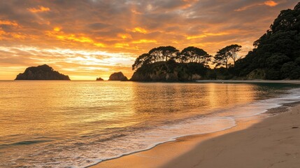 Golden Sunset Over Coastal Rocks and Trees