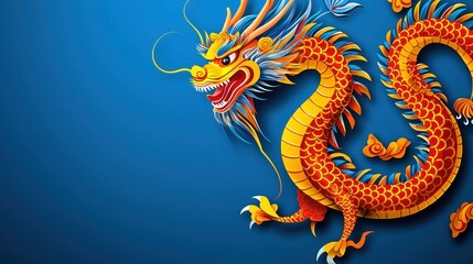 Obraz premium Vibrant illustration of a dragon on a blue background, showcasing intricate details and colors. Chinese New Year concept