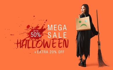 Young woman dressed as witch with shopping bag on orange background. Banner for Halloween sale