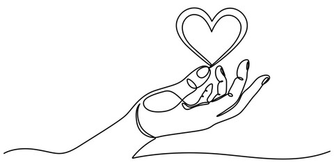 The hands holding a heart are outlined in a continuous one line drawing, One continuous line drawing of hands holding heart. Concept of love relationship and volunteer organisation symbol in simple. 