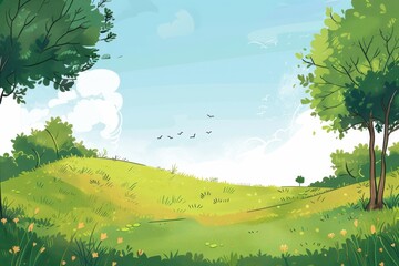 A Scenic View of a Green Hill with Trees and Birds Flying in the Sky