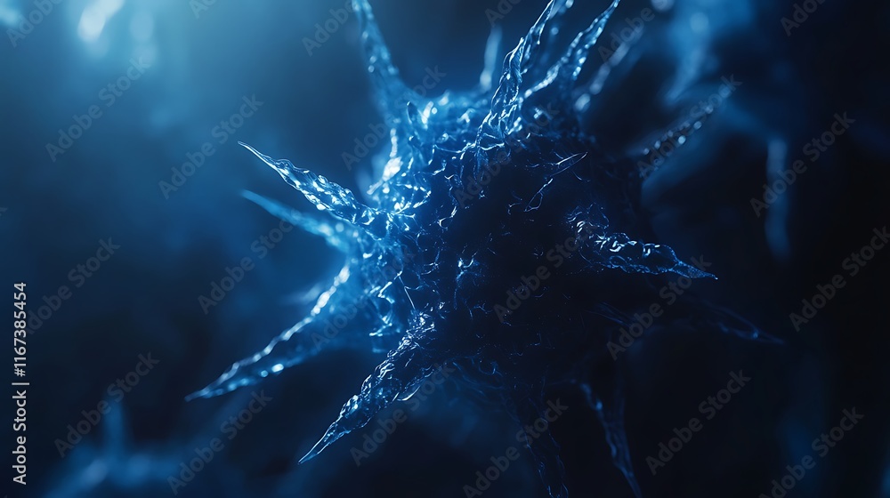 Poster microscopic view of a virus particle with spiky surface.